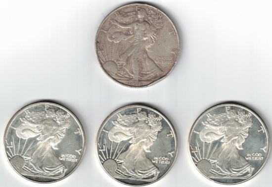 1997 American Silver Eagle and Three Fine Silver Rounds