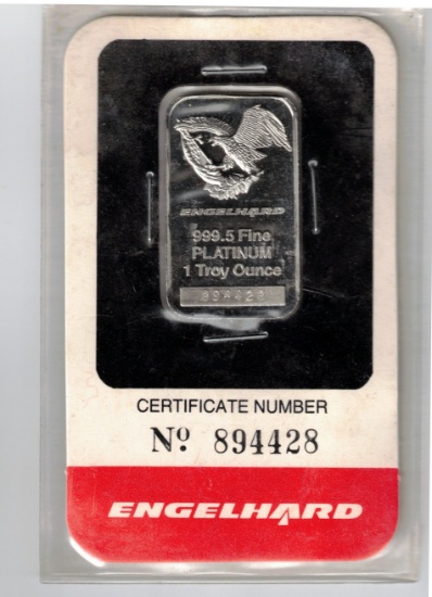 Engelhard Fine Platinum 1 Troy Oz. Bar with COA