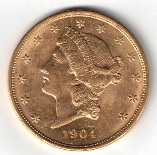 1904 $20 American Liberty Head Gold Coin, 0.9675 Troy Oz. Fine Gold