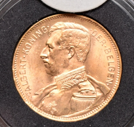 1914 20 F. Belgium Albert Koning Gold Coin, 0.1867 Troy Oz. Fine Gold
