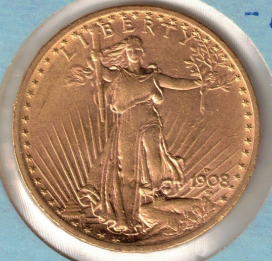 1908 $20 American St. Gaudens Gold Coin, 0.9675 Troy Oz. Fine Gold