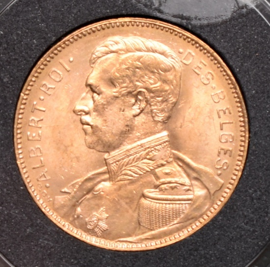 1914 20 F. Belgium Albert Roi Gold Coin, 0.1867 Troy Oz. Fine Gold