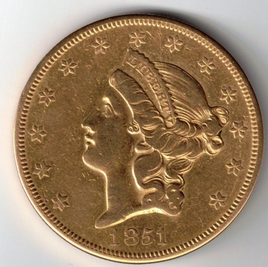 1851-O $20 American Liberty Head Gold Coin, Low Mintage, 0.9675 Troy Oz. Fine Gold