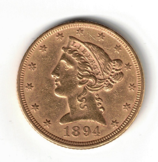 1894 $5 American Liberty Head Gold Coin, 0.2419 Troy Oz. Fine Gold