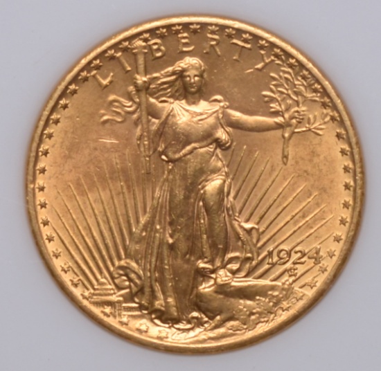 1924 $20 American St. Gaudens Gold Coin, 0.9675 Troy Oz. Fine Gold