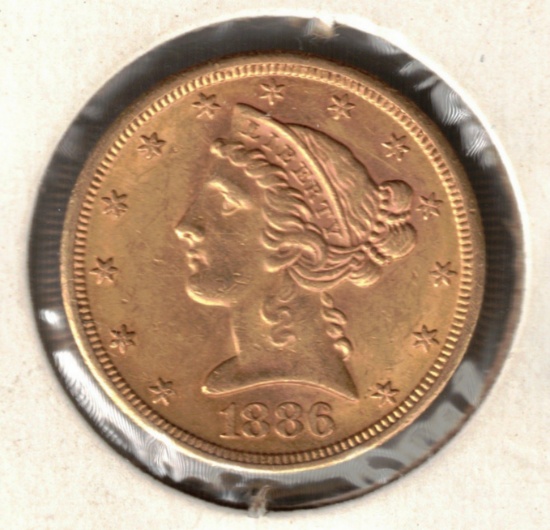1886-S $5 American Liberty Head Gold Coin, 0.2419 Troy Oz. Fine Gold