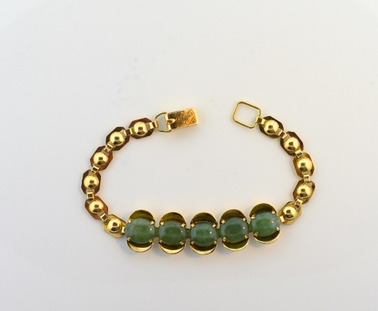 Vintage 14K Gold 6.625” Link Bracelet with Five Oval Jade Cabochons
