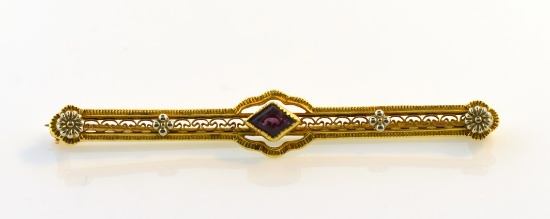 Antique 10K Gold Filigree and Amethyst Bar Pin
