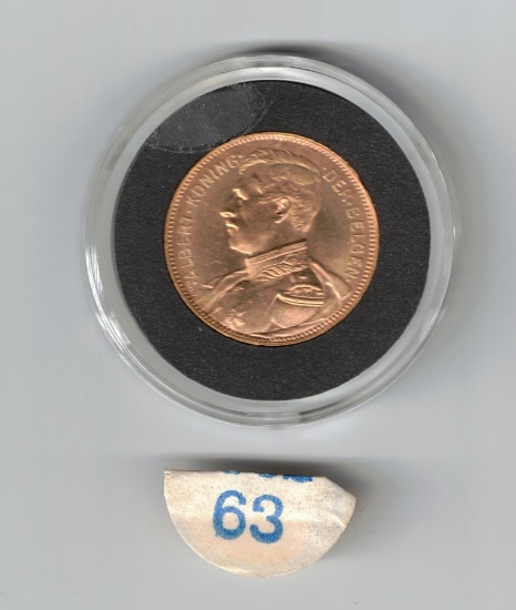 1914 20 F. Belgium Albert Koning Gold Coin, 0.1867 Troy Oz. Fine Gold