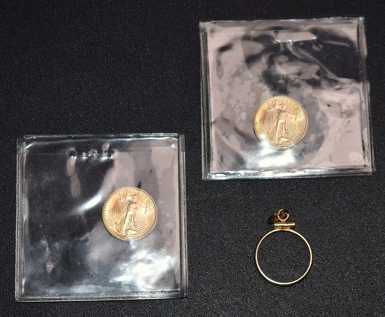Two 1990 US 1/10 Oz. Gold Bullion Coins ($5) 0.2 Troy Oz Fine Gold Total & 14K Pendant Ring