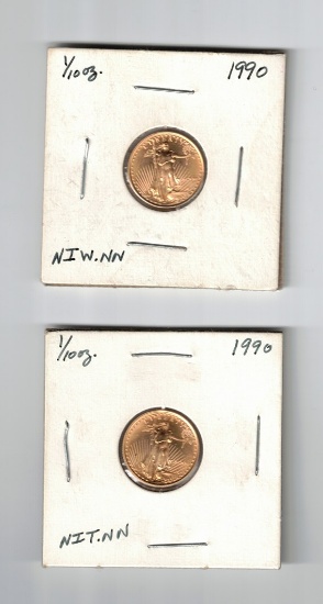 Two 1990 US 1/10 Oz. Gold Bullion Coins ($5) 0.2 Troy Oz Fine Gold Total