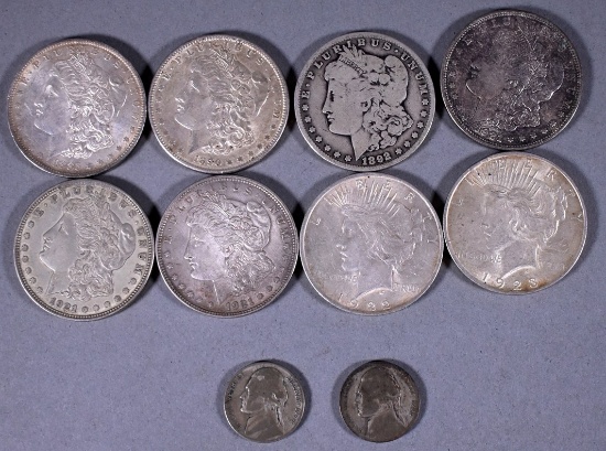 Eight US Silver Dollars (90%) and Two 1943 Silver War Nickles (35%)