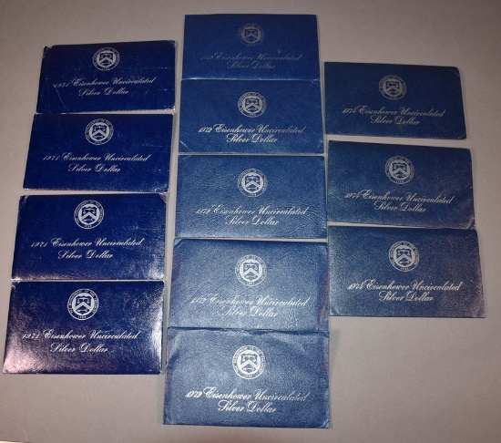 Twelve Eisenhower Uncirculated Silver Dollars: 1971 (4), 1972 (5) & 1974 (3)
