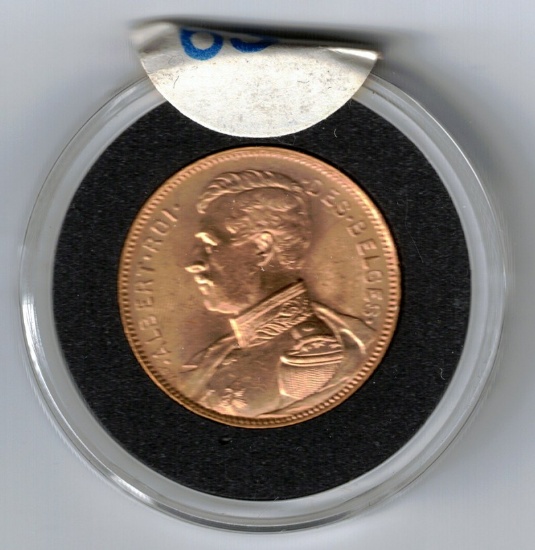 1914 20 F. Belgium Albert Roi Gold Coin, 0.1867 Troy Oz. Fine Gold