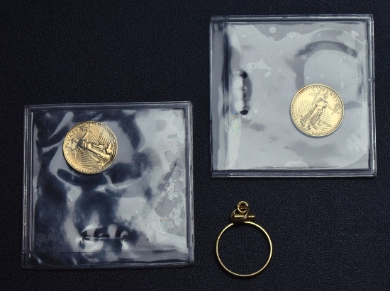 Two US 1/10 Oz. Gold Bullion Coins (1989 & 1990 $5) 0.2 Troy Oz Fine Gold Total & 14K Pendant Ring