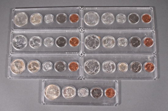 Seven Whitman 1964 US Coin Sets: 21 Silver, 7 Jefferson Nickels, 7 Memorial Pennies