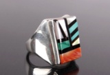 Zuni Sterling Silver Multi-Stone Inlay Men's Ring