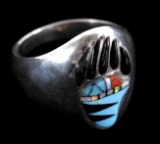 Zuni Inlaid Turquoise, Coral, Onyx & Opal Paw Ring