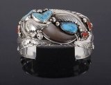 Navajo Sterling, Turquoise, Bear Claw & Coral Cuff