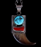 Navajo Bear Claw Turquoise Coral Sterling Necklace