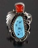 Navajo Silver, Oxblood Coral, & Turquoise Ring