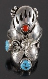 Signed Navajo Silver, Turquoise, & Coral Ring