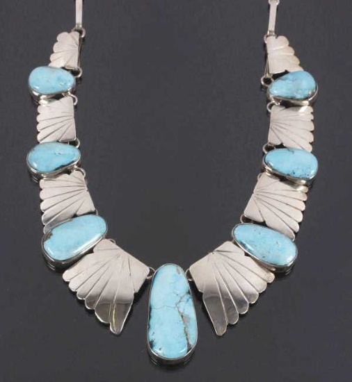 Signed Navajo Sterling & Turquoise Charm Necklace