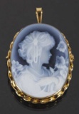 18k Gold & Carved Blue Agate Cameo Brooch