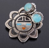 Zuni Sunface Fetish Brooch & Turquoise Earrings