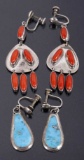 Navajo Sterling Turquoise Earrings & Coral Earring