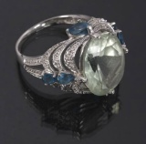 Faceted Prehnite & Blue Topaz 14k White Gold Ring