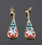 Zuni 14K Gold Inlaid Turquoise Coral Earrings