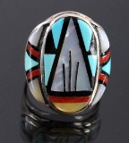 Zuni Sterling Silver Inlaid Turquoise Coral Ring