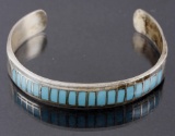 Signed Navajo Inlay Chip Turquoise & Sterling Cuff