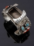 Navajo Sterling, Turquoise, & Coral Watch Cuff