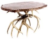 Antique Carved Wood & Whitetail Deer Antler Table