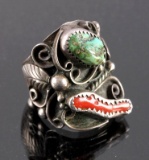 Signed Navajo Sterling Silver Turquoise Coral RIng