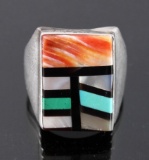 Signed Navajo Sterling Silver Inlaid Mosaic Ring