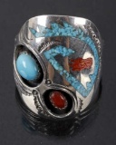 Signed Navajo Sterling, Turquoise & Coral Ring