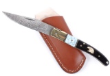 Damascus Buffalo Horn Handle Knife w/ Ornate Inlay