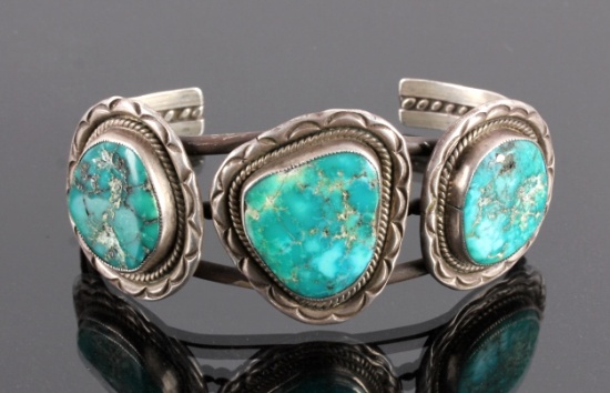 Signed Navajo Sterling Silver Turquoise Cuff