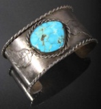 Signed Navajo Silver & Turquoise Mountain Bracelet