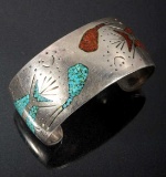 Navajo Sterling, Turquoise & Coral Pictorial Cuff