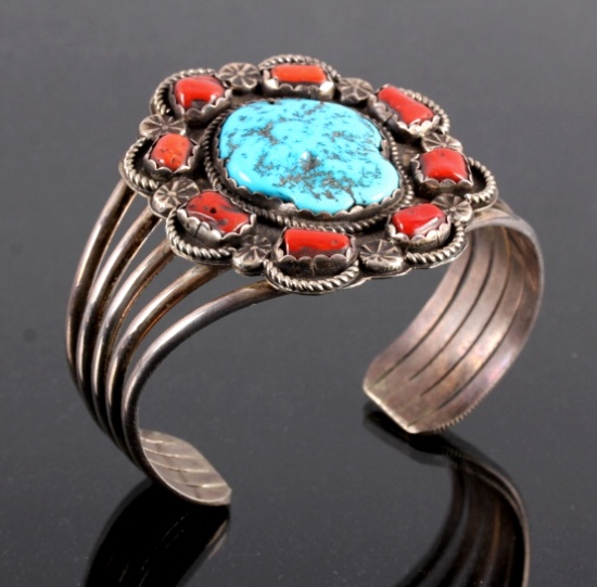 Navajo Sterling Silver Turquoise Coral Cuff