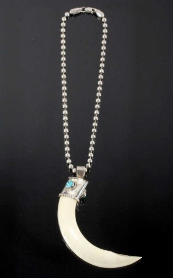 Navajo Wild Boar Tusk, Silver & Turquoise Necklace