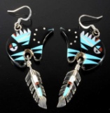 Signed Zuni Inlaid Mosaic Bear & Feather Earrings