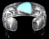 R. Singer Navajo Engraved Silver & Turquoise Cuff