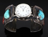 Navajo Sterling Silver Turquoise and Coral Watch