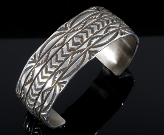 Signed Navajo Sterling Silver Carved Bracelet