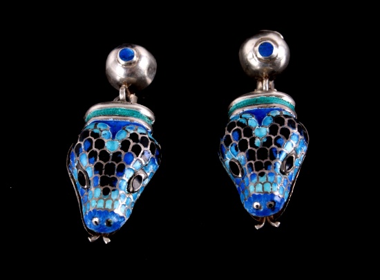 Margot de Taxco Blue Enamel Snake Earrings